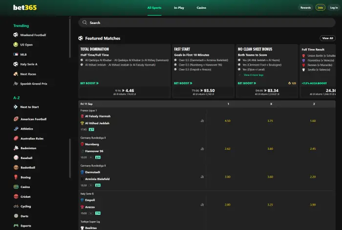 واجهة موقع Bet365 للمراهنات