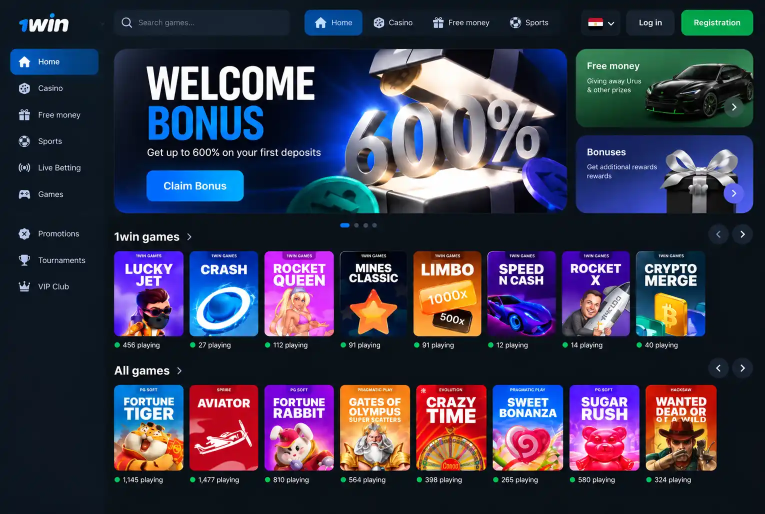 1win platform homepage showing casino games and sports navigation