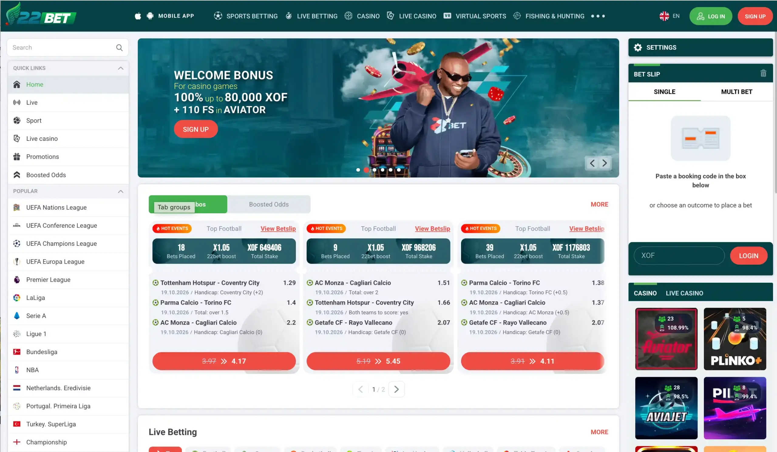 22Bet sportsbook homepage with live betting and casino navigation