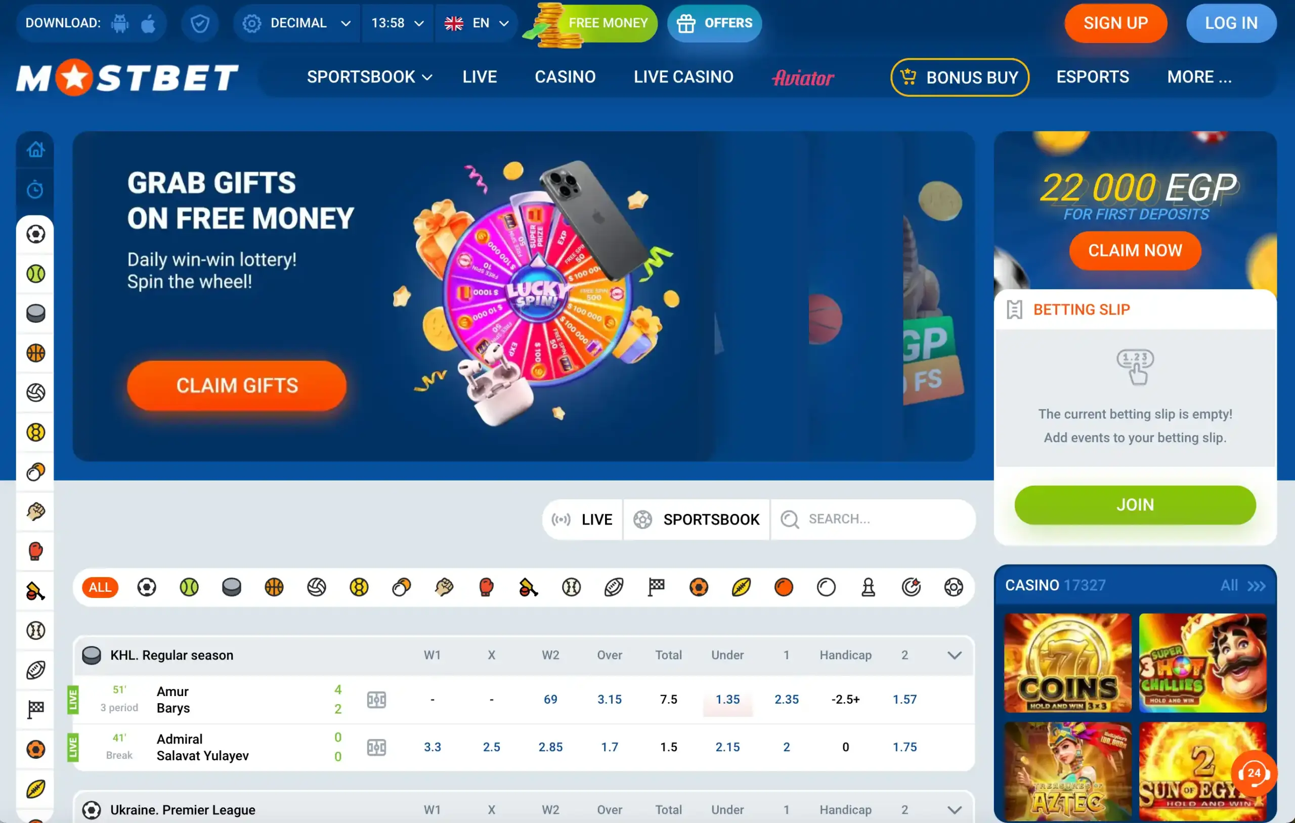 Mostbet sportsbook homepage showing an EGP welcome offer