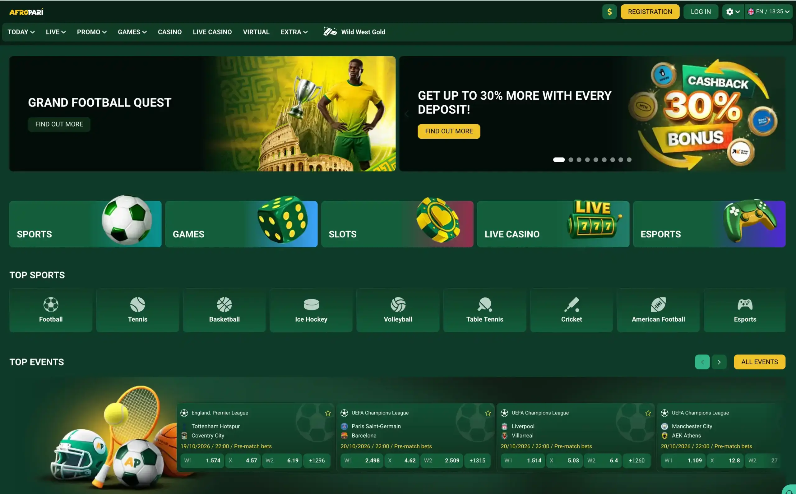 AfroPari sportsbook homepage with football and live betting markets