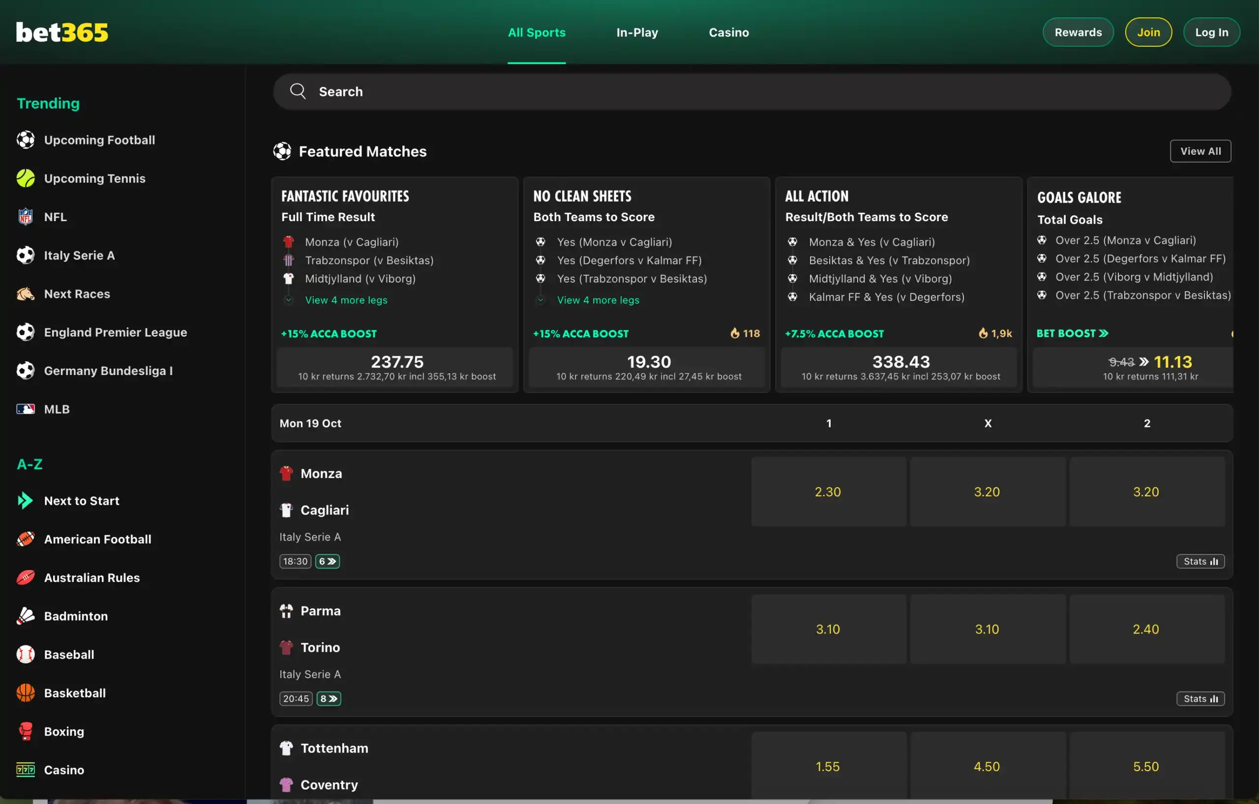 Bet365 sportsbook interface with featured football markets