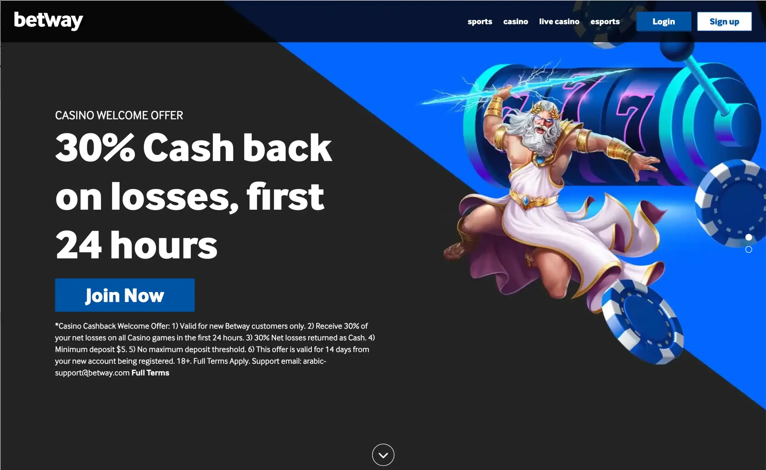 Betway homepage displaying a casino cashback promotion