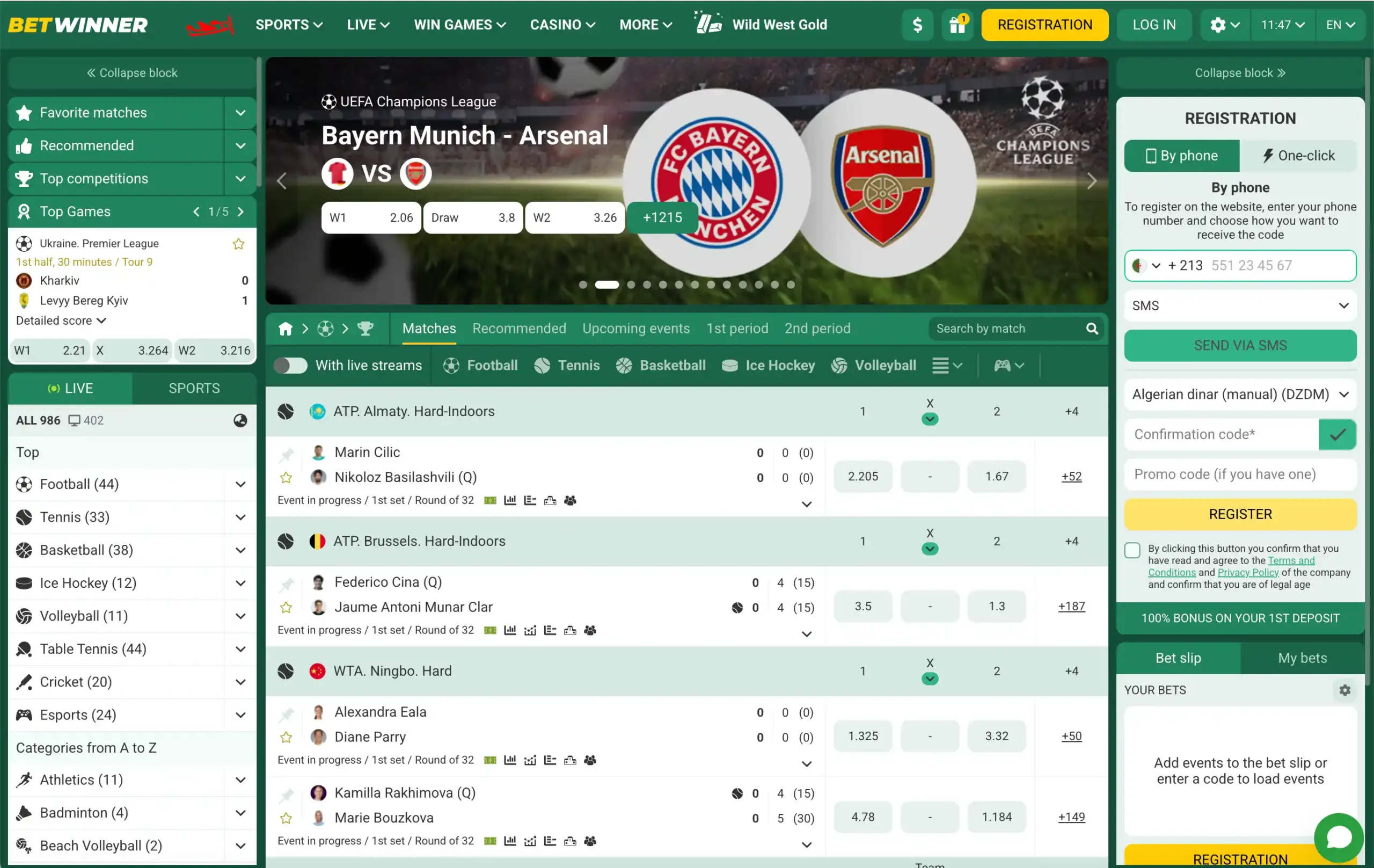 BetWinner sportsbook interface with live markets and registration panel